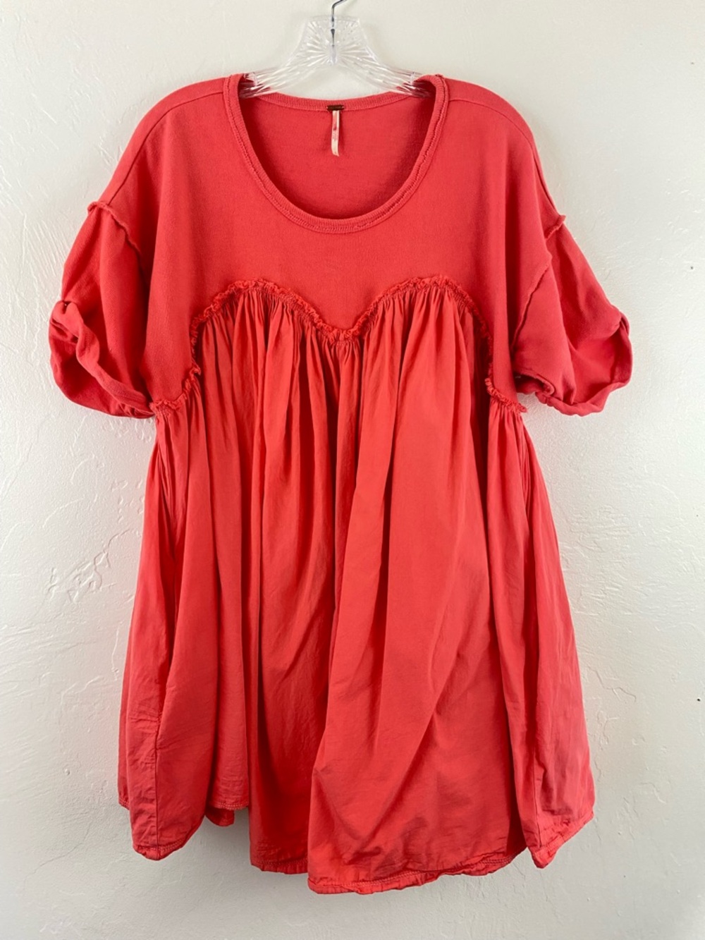 Free People Size Small Coral Orange Cotton Knit Short Sleeve Pleaded Mini Dress